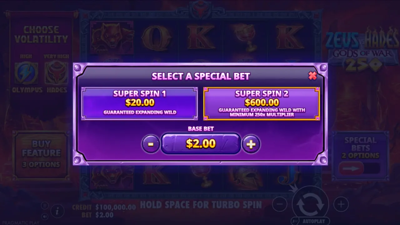 Доп ставки в слоте Zeus vs Hades 250